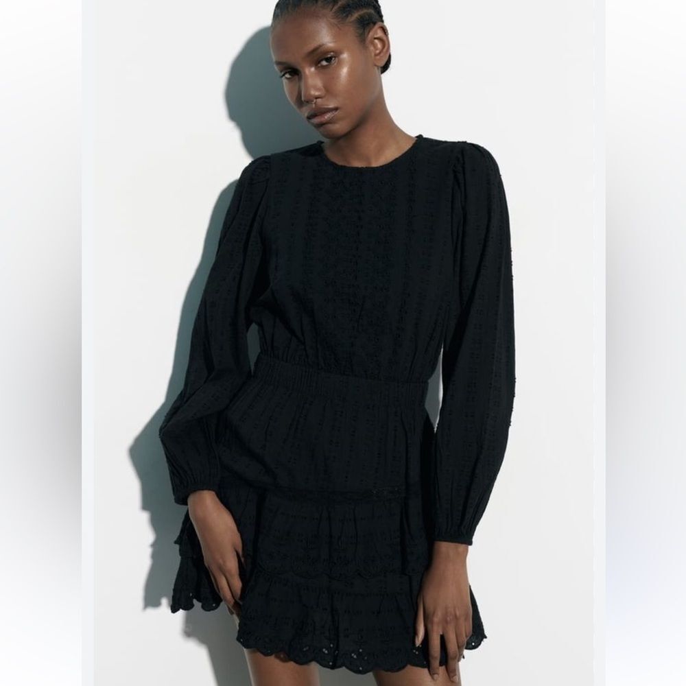 Zara | Black Eyelet Long Sleeve Dress, S - Picture 3 of 6